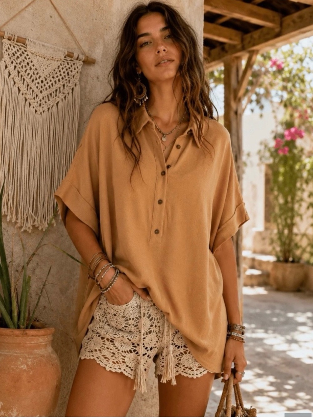 Rayon Tunic Blouse in Camel. Flattering Fit Fall Essential NWT S-XL